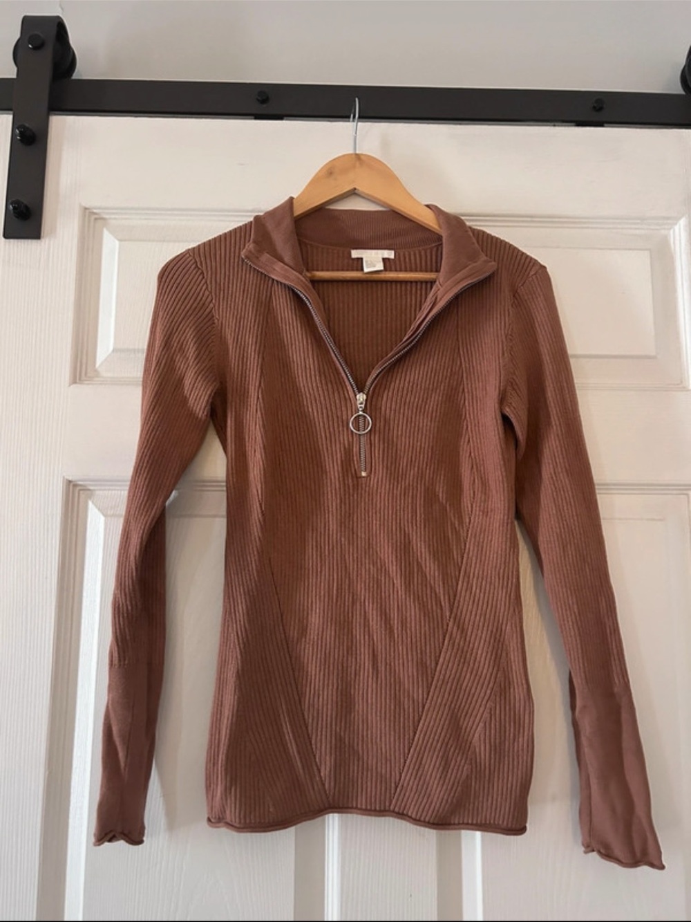 H&M Ribbed Half-Zip Top -  Brown